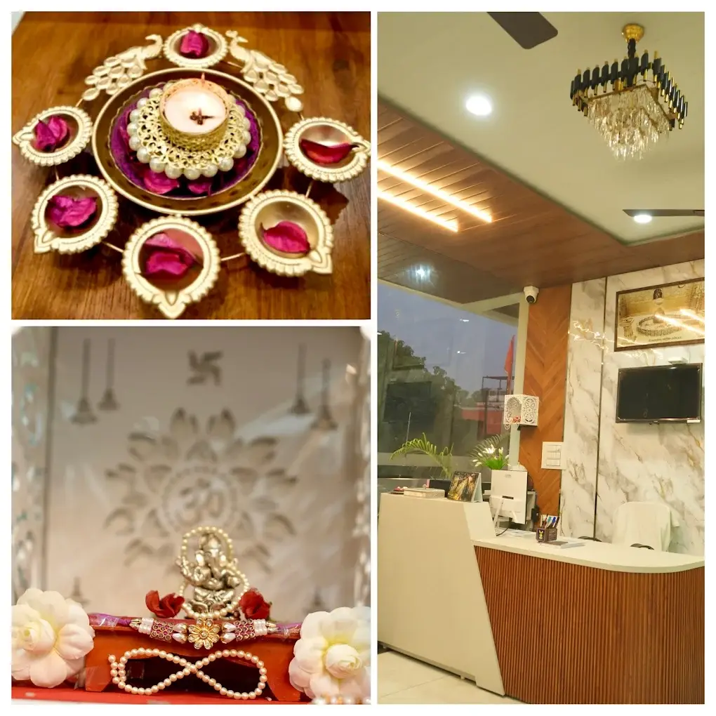 Reception desk and decorative details at Shivkunj